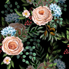 Seamless pattern with English roses and other flowers in vintage victorian stlyle. Vector.