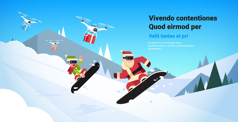couple santa claus with elf doing jump on snowboard happy new year merry christmas celebration concept flat snow mountains slopes horizontal copy space vector illustration