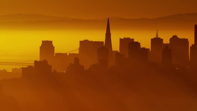 Aerial sunrise San Francisco Golden Gate Bridge USA Route 101