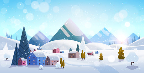 Village d& 39 hiver maisons montagnes collines paysage neige fond horizontal télévision vector illustration