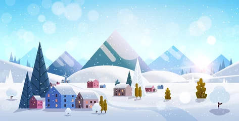 Foto op Plexiglas anti-reflex winter dorp huizen bergen heuvels landschap sneeuwval achtergrond horizontale platte vectorillustratie © mast3r