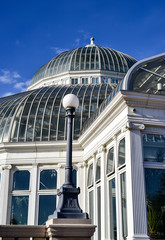 Fototapeta na wymiar classic vintage glass greenhouse under blue sky