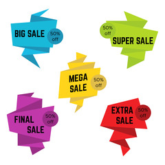 Set of five colorful sale stickers with text. Sale label template. Vector illustration
