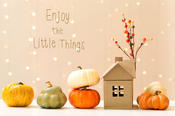 Enjoy the little things message with collection of autumn pumpkins with a toy house