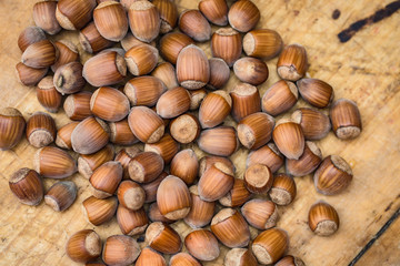 hazelnuts on wooden background