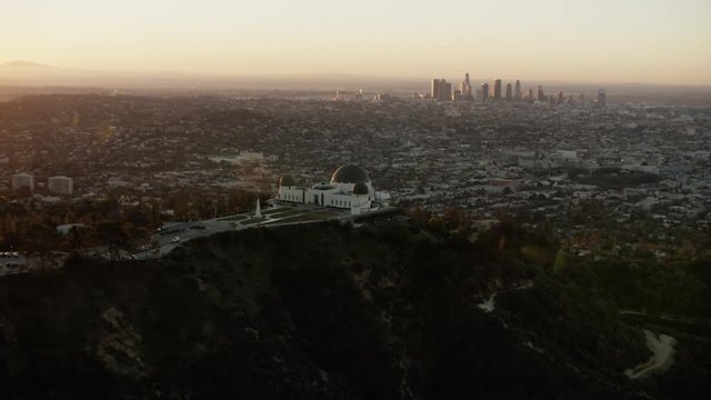 Aerial view of Griffith Park Observatory Los Angeles at sunrise