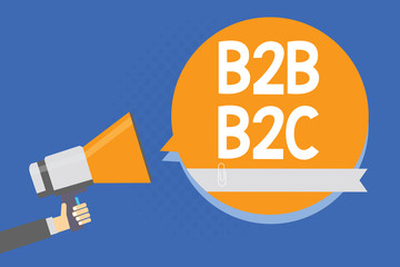 Text sign showing B2B B2C. Conceptual photo two types for sending emails to other people Outlook accounts Man holding megaphone loudspeaker orange speech bubble blue background