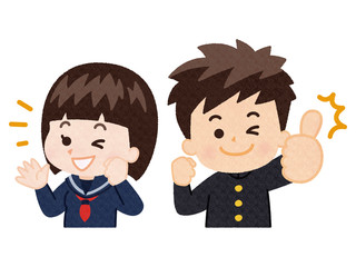 喜ぶ高校生の男女　セーラー服　学ラン