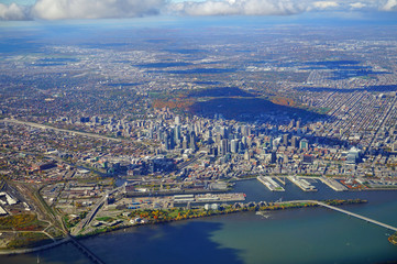 Aerial view of Montreal and the Saint Laurent River, Canada, in the fall with autumn foliage