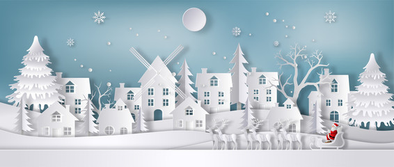Paper art style of Santa Claus with reindeer sleigh in the city during Christmas, flat-style vector illustration. Merry Christmas and Happy New Year concept.