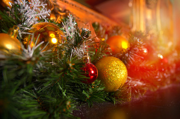Christmas tree decorated with garlands, close-up.