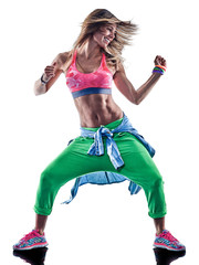 one caucasian woman cardio dancers dancing fitness exercising excercises in studio isolated on white background