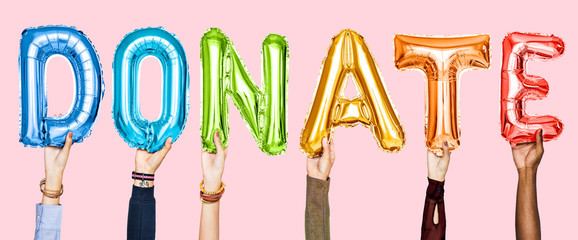 Colorful alphabet balloons forming the word donate