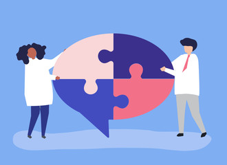 People carrying jigsaw pieces of a speech bubble