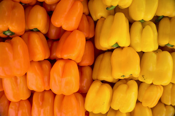 Red, yellow, orange, and green Bell Peppers for sale at a weekend farmers market in St. Pete Beach, Florida.