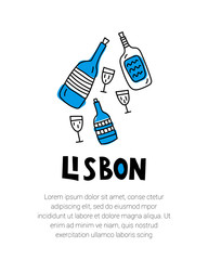 Lisbon. Lettering with wine bottle illustration