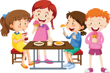 Set of children eating together