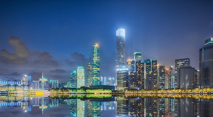 Architectural Skyline of Zhujiang New Town in Guangzhou at Dusk Blue