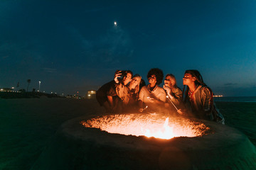 Friends roasting marshmallows over a bonfire - obrazy, fototapety, plakaty