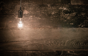 Edison vintage light bulb left landscape view with barn wood background