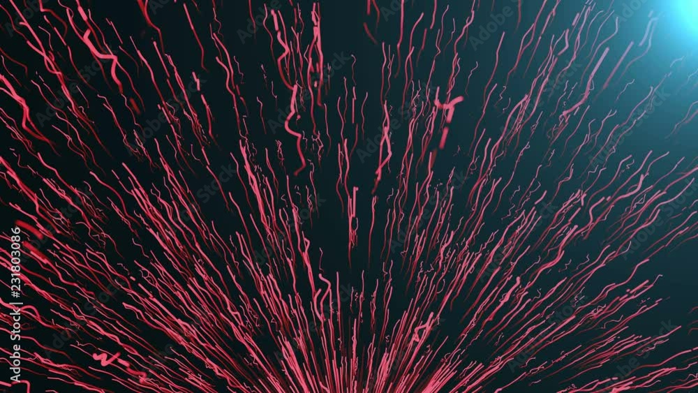 Poster many raising particles with long trails in space, 3d rendering, computer generating background