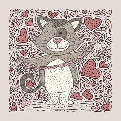 Cute vector illustration of a doodle hand drawn cat with sausages.