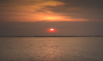 Beautiful panoramic view of  ocean tranquil at sunset,Two boats are stationary.copy space For text.