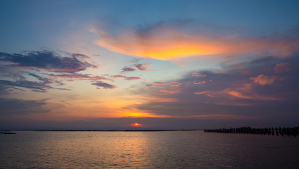 Beautiful panoramic view of  ocean tranquil at sunset,Two boats are stationary.copy space For text.