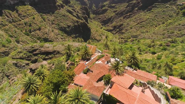 Aerial view of mountain village in Masca canyon from above on Tenerife, Canarias, Spain