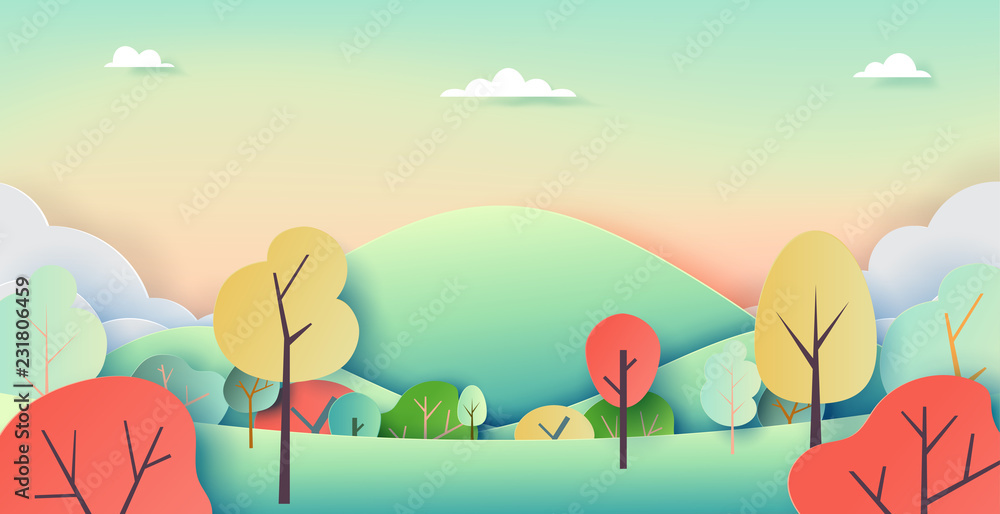 Poster nature landscape background paper art style with summer and autumn concept.vector illustration.
