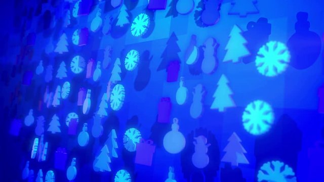 A jovial 3d rendering of Christmas holiday silouettes forming fest and showing snowmen, fir trees, gift boxes spinning around in the blue background in seamless loop.