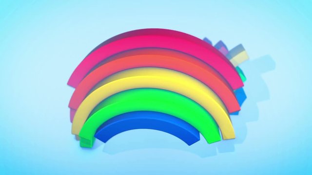 A cheery 3d rendering of two rainbow arces jumping up and down in spiral ways in the celeste background. They generate the mood of cheerfulness and optimism in seamless loop.