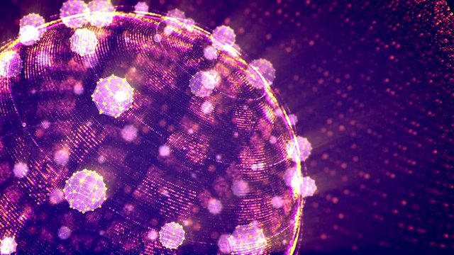 A gorgeous 3d rendering of a sparkling and spinning big shere with a lot of small shining balls in the violet background in seamless loop. It creates the mood of fest and optimism.