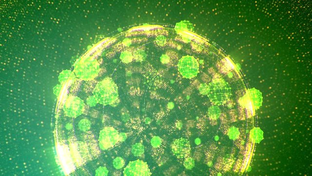 A magic 3d rendering of a shimmering and spinning big shere with a lot of small shining balls in the olive background in seamless loop. It creates the mood of celebration and show.