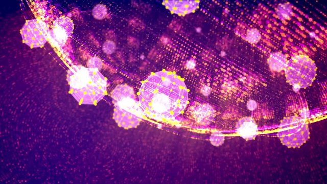 A magnificent 3d rendering of a glittering and rotating upward shere with many small shining balls in the violet background in seamless loop. It creates the mood of optimism