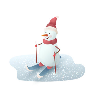 Christmas snowman on skis. Skiing in the winter from mountains, snow. Isolated on white background. Vector illustration