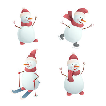 Christmas of set of cheerful snowmen. Snowman on skates, on skis. Isolated on white background. Vector illustration