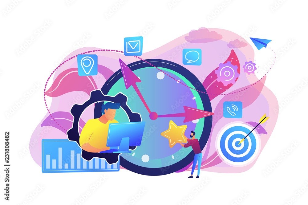 Poster businessman trying to accomplish tasks and goals on time and big clock and computer. time management