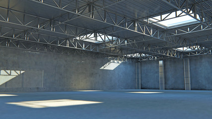 Empty warehouse. 3d illustration stone building with light