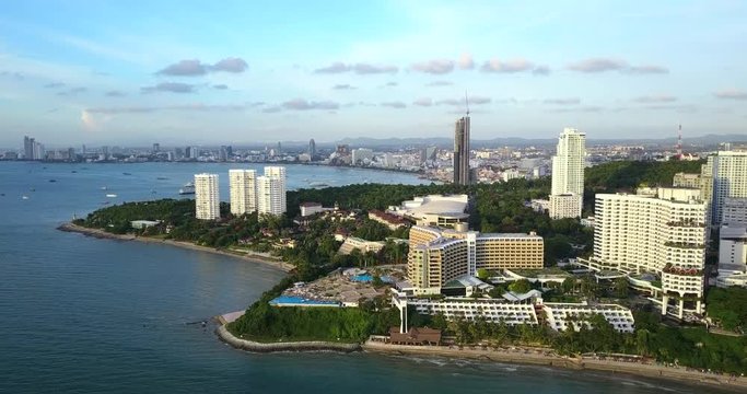 4K. Aerial view of Pattaya city and Pattaya bay in Chon Buri, Thailand.