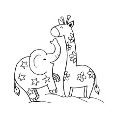 Cartoon of Elephant and Giraffe 