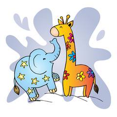 Cartoon of Elephant and Giraffe 