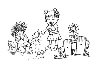 Cute girl  feeding chickens