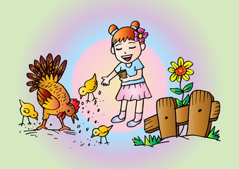 Cute girl  feeding chickens