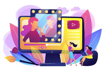 Female user watches beauty blogger showing latest trend makeup tutorial. Beauty blogger, beauty blog production, online beauty consultant concept. Bright vibrant violet vector isolated illustration