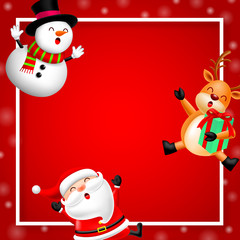 Funny Christmas Characters design, Santa Claus, Snowman and Reindeer on red background. Holly jolly, Merry Christmas and Happy new year concept, Illustration.