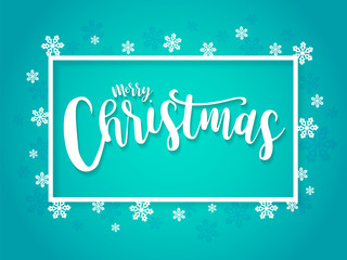 Merry Christmas in rectangle, lettering design. Illustration for greeting card, banner, poster and invitation.