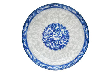 Blue and white porcelain of the flower pattern on dish isolated on white background. Above view.