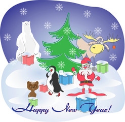 greeting card with Santa, elk, penguin, Christmas tree, gifts, white and brown bears are fun and cute