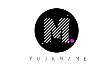 M Letter Logo Design with White Lines and Black Circle